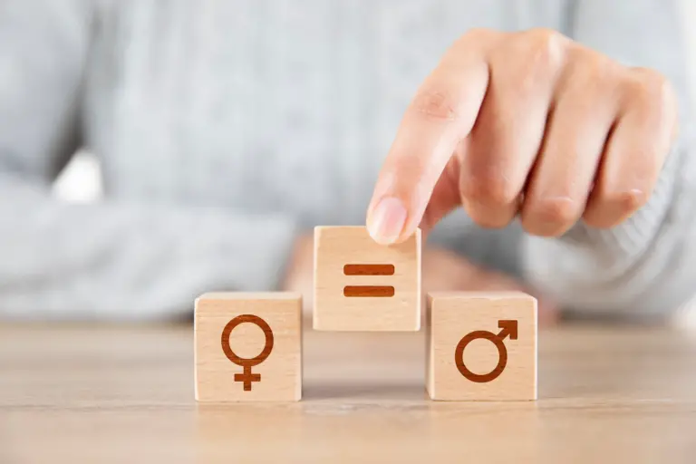 cubetti di legno con simboli maschile e femminile con in mezzo il simbolo di uguaglianza